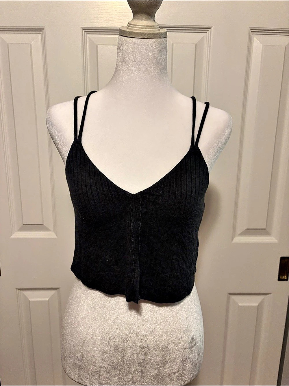 Aerie Black Ribbed Camisole Tank with Lace Back and Double Straps - Size Small